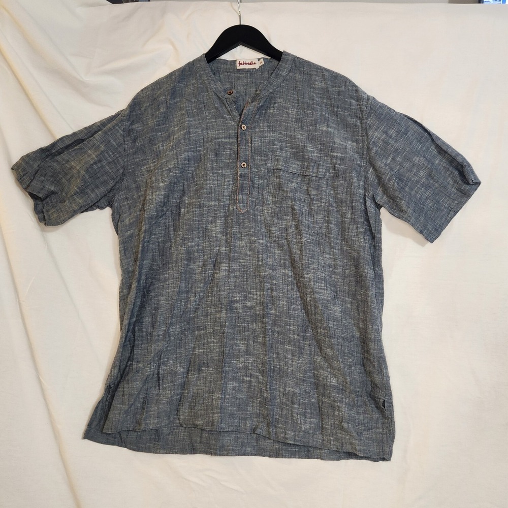 Fabindia Short Sleeve Blue-Gray Cotton Collarless Shirt Men's 2XL 46